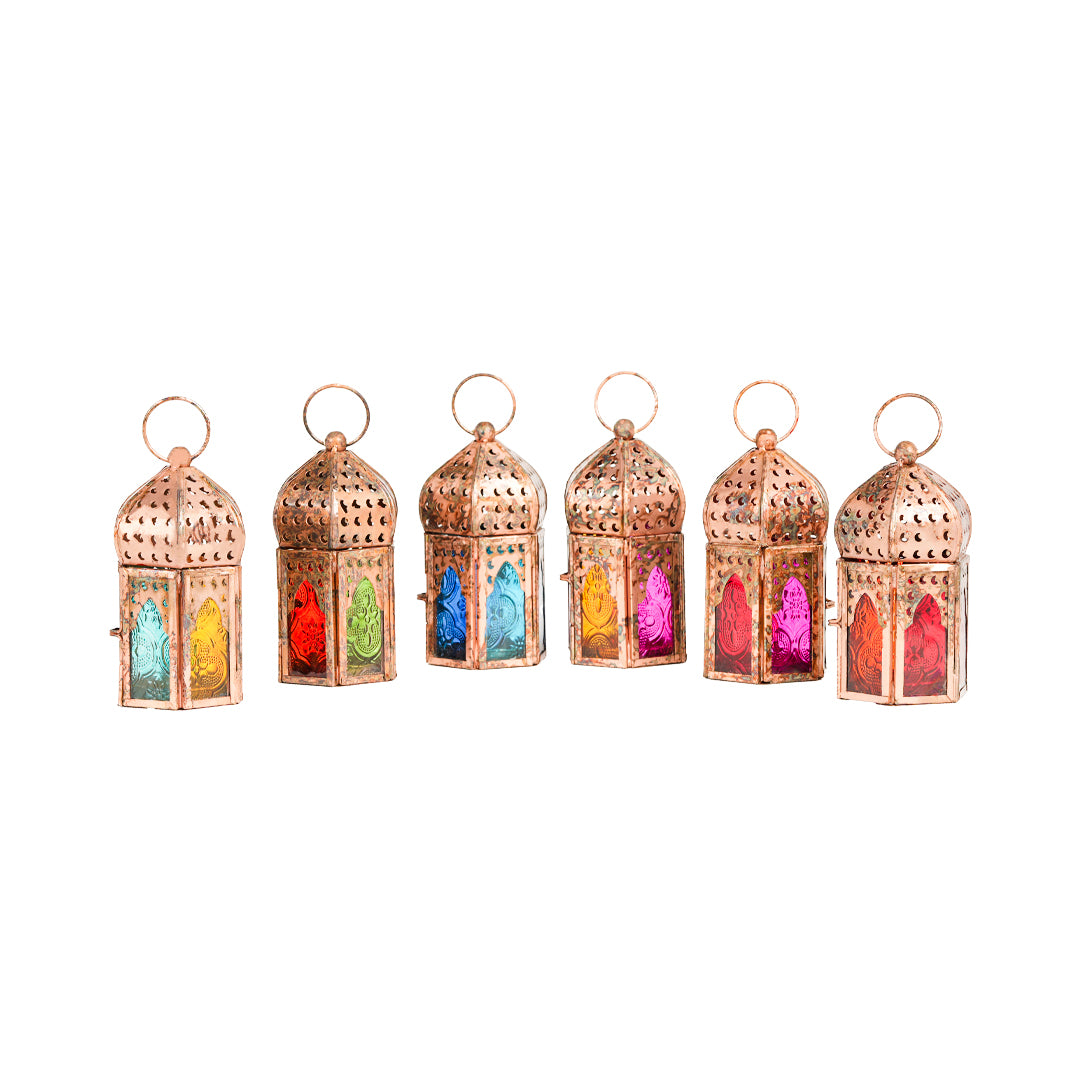 Hilalful Mini Copper Antique Style Lanterns MultiColor Glass Set of 6