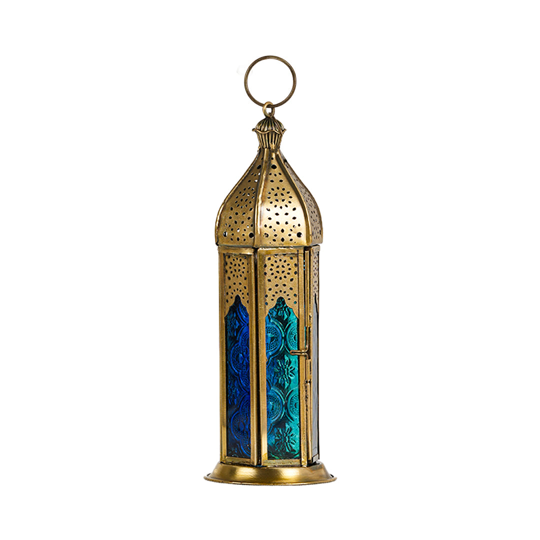 Hilalful Blue Chic Tall Brass Antique Lantern Blue Turquoise Duo Glass