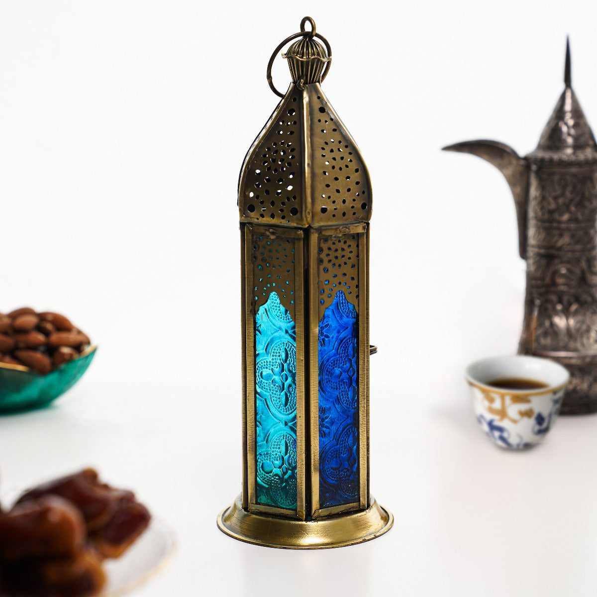 Hilalful Blue Chic Tall Brass Antique Lantern Blue Turquoise Duo Glass