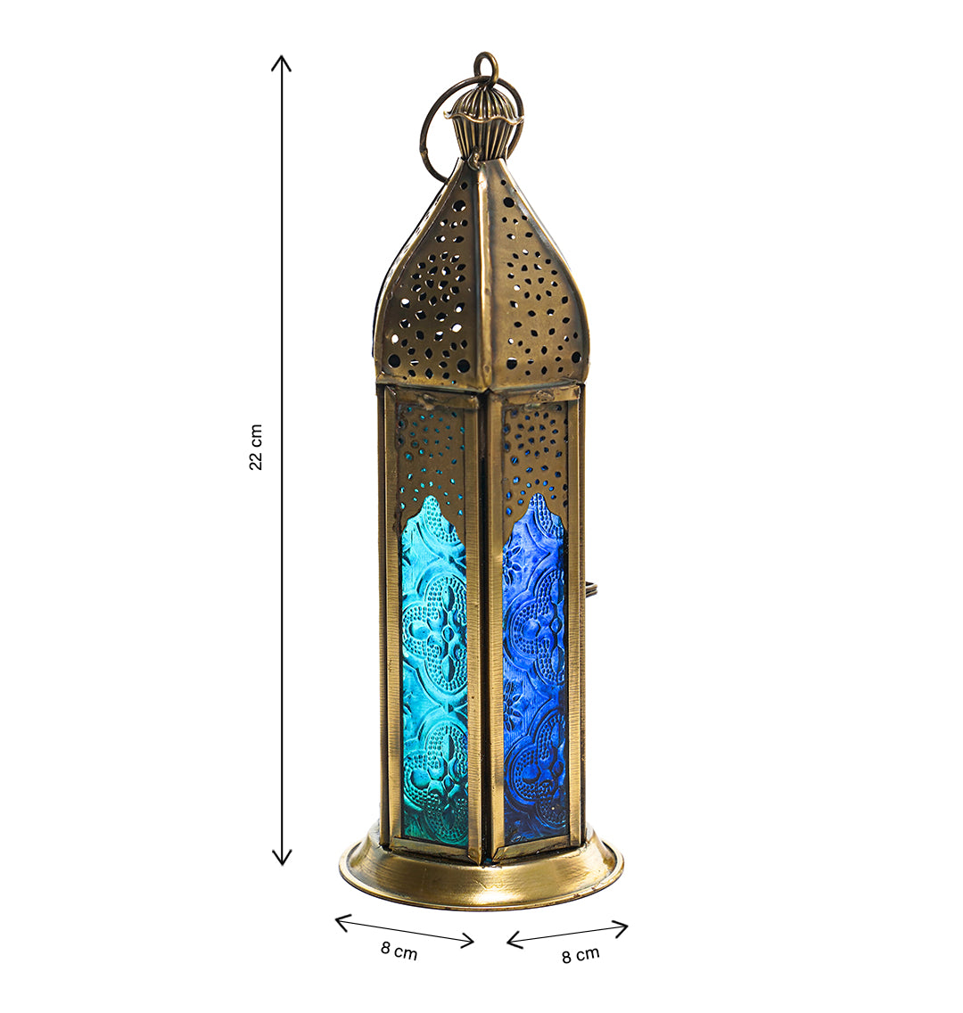 Hilalful Blue Chic Tall Brass Antique Lantern Blue Turquoise Duo Glass