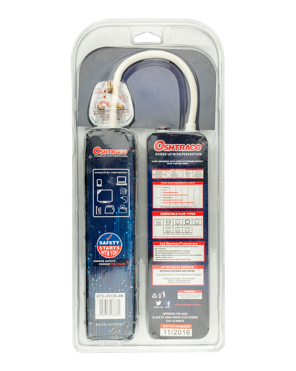 Oshtraco 3 Way Universal Extension Socket 4m