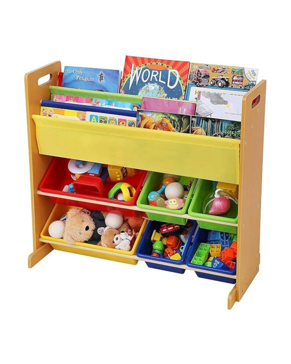 Homesmiths Wood Toy Organizer with Book Rack With 6 Multicolor Bins & 4 Multicolor Sling Pocket for Kids, Brown Color, D26.5Cm x W86Cm x H78Cm
