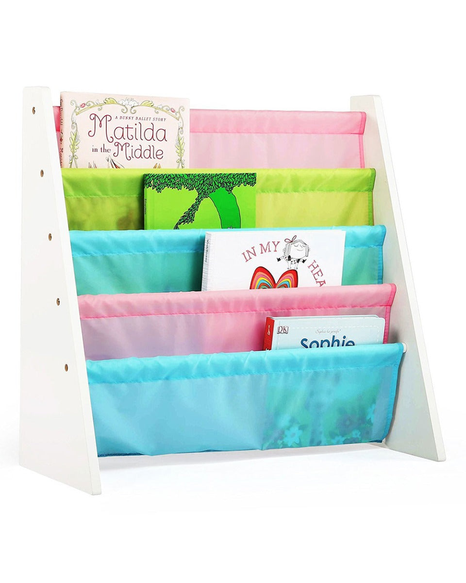 Homesmiths 5 Shelf Book Rack Wood Melamine (White) With 5 Pastel Color Fabric, D30cm x W65cm x H65cm