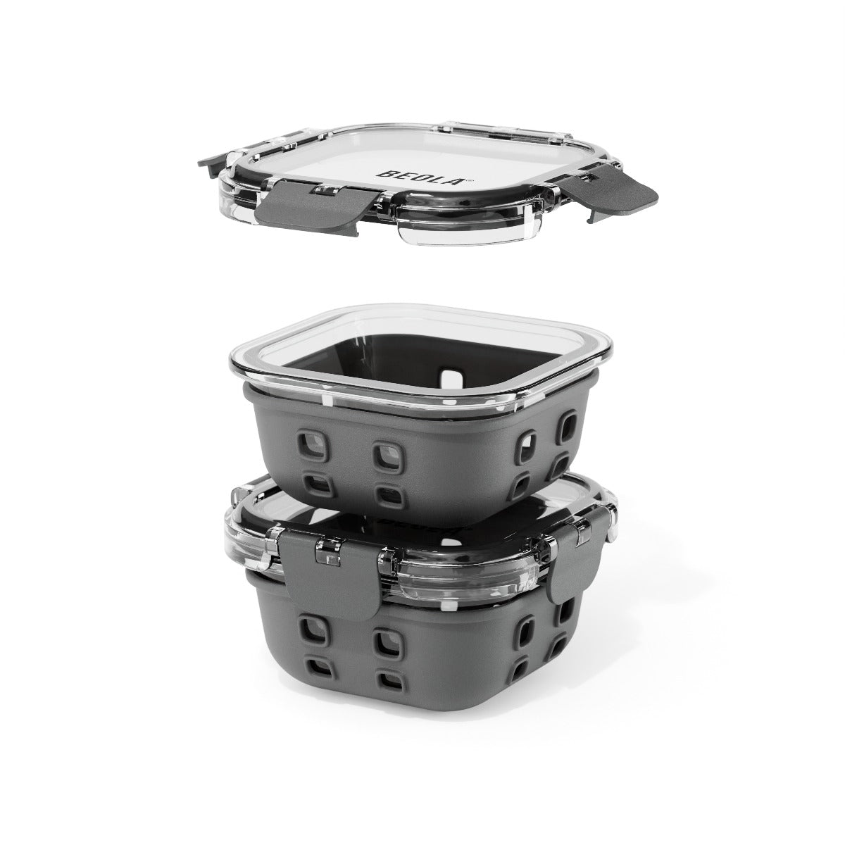 Beola Set Of 2 Glass Food Storage Containers With Silicone Protective Sleeve, 320Ml Lava Gray