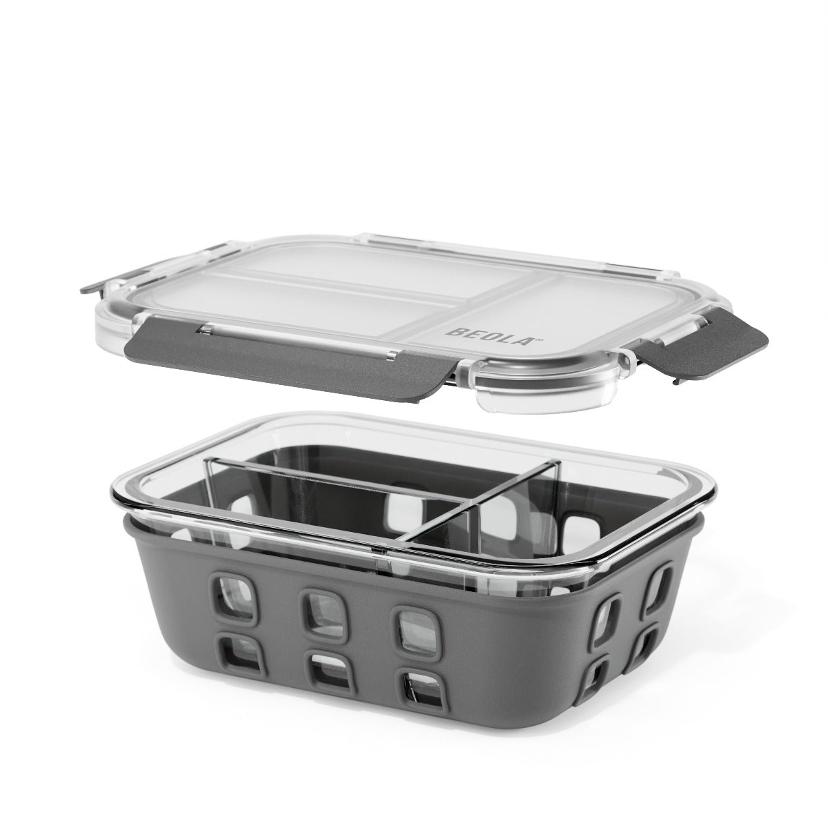 Beola 3 Compartment Glass Food Storage Container With Silicone Protective Sleeve, 1050Ml Lava Gray