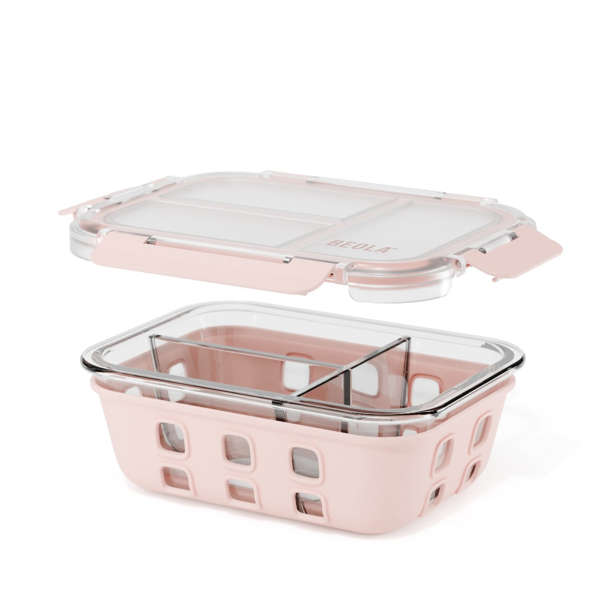 Beola 3 Compartment Glass Food Storage Container With Silicone Protective Sleeve, 1050Ml Blush Pink