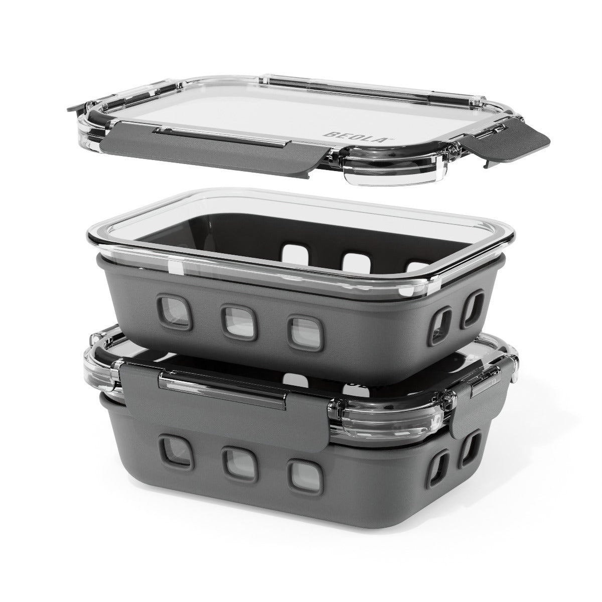 Beola Set Of 2 Glass Food Storage Containers With Silicone Protective Sleeve,  640Ml Lava Gray