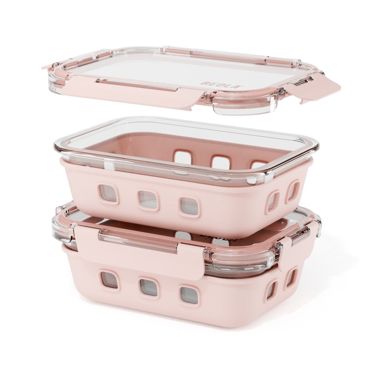 Beola Set Of 2 Glass Food Storage Containers With Silicone Protective Sleeve, 640Ml Blush Pink