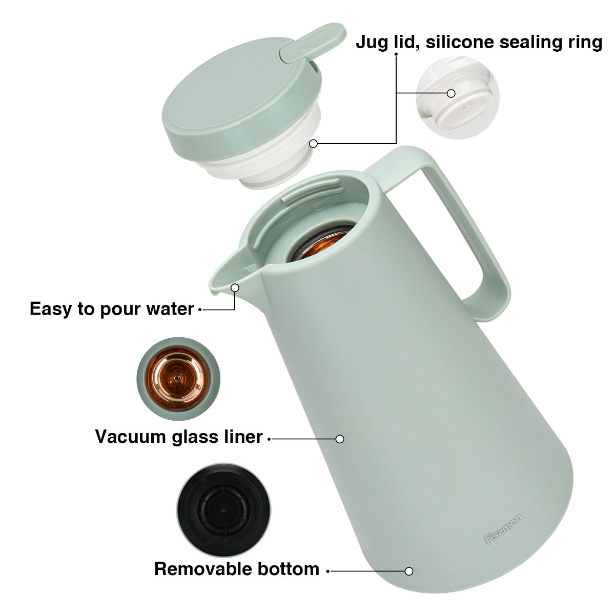 Fissman Vacuum Insulated Flask 1000 ML Green With Pink Glass Liner