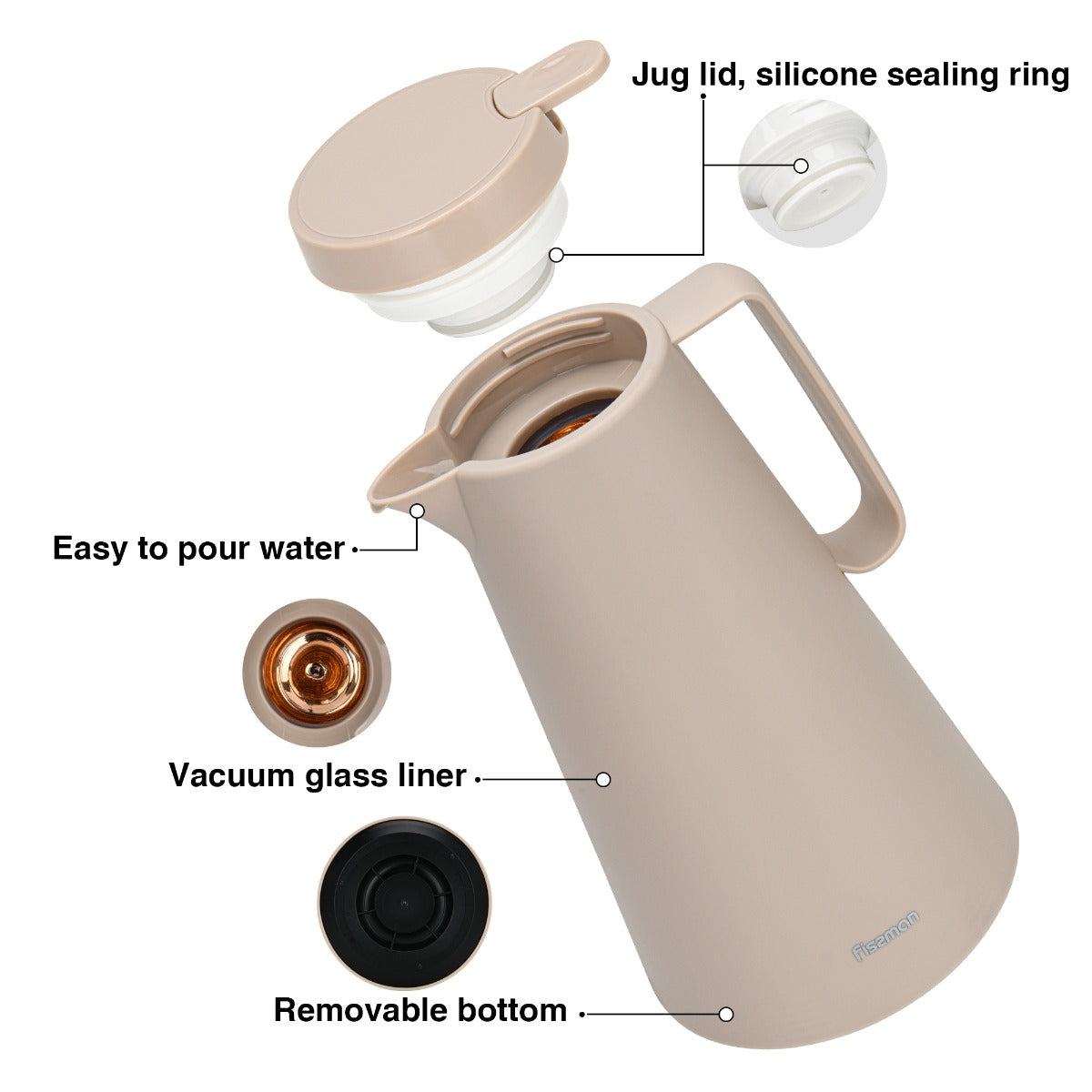 Fissman Vacuum Insulated Flask 1000 ML Mocha Cream With Pink Glass Liner