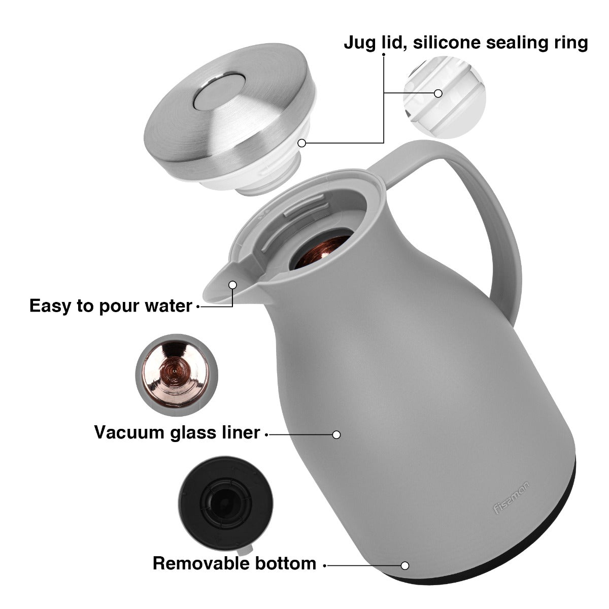 Fissman Vacuum Insulated Flask 1000 ML Grey With Pink Glass Liner