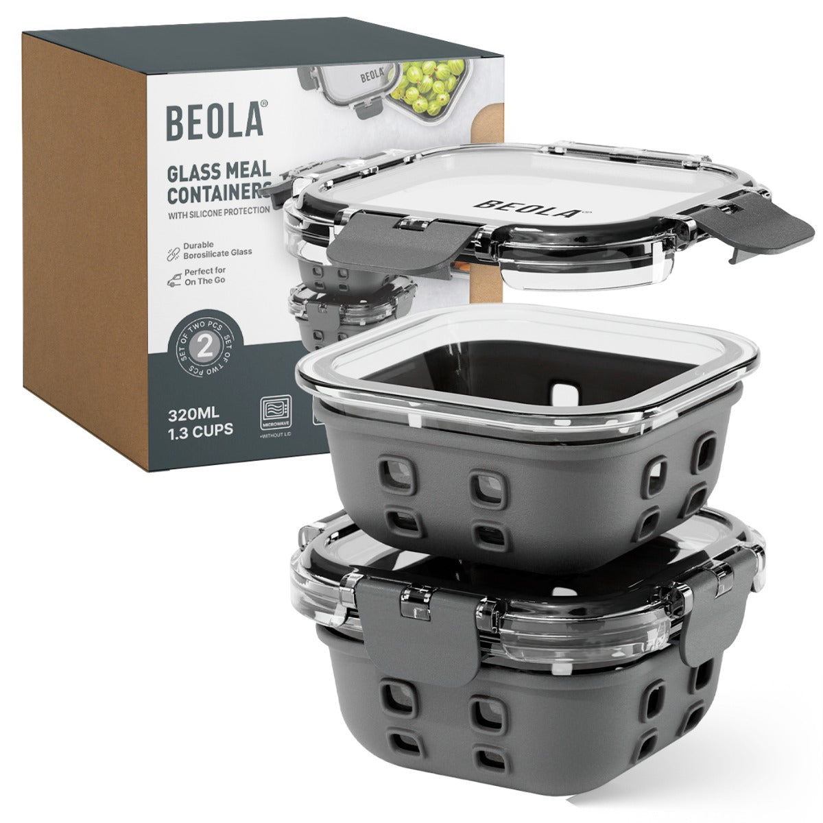 Beola Set Of 2 Glass Food Storage Containers With Silicone Protective Sleeve, 320Ml Lava Gray
