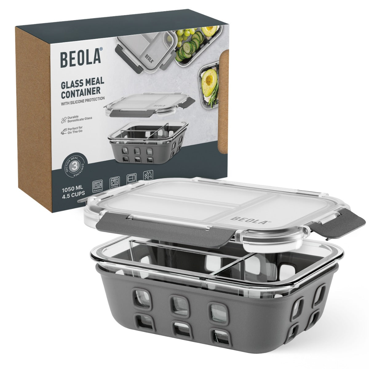 Beola 3 Compartment Glass Food Storage Container With Silicone Protective Sleeve, 1050Ml Lava Gray