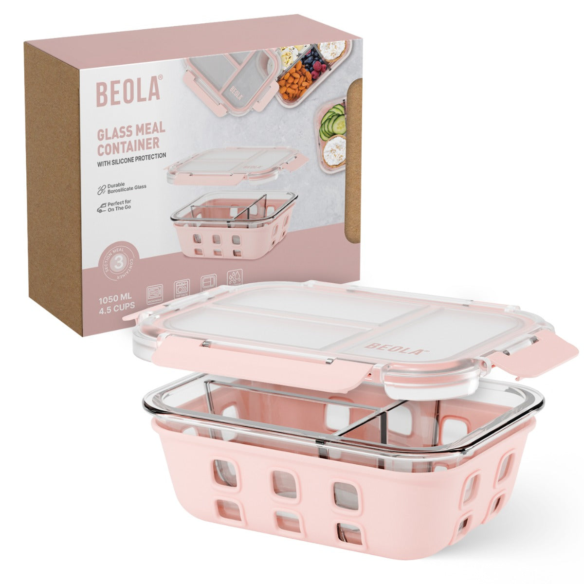 Beola 3 Compartment Glass Food Storage Container With Silicone Protective Sleeve, 1050Ml Blush Pink