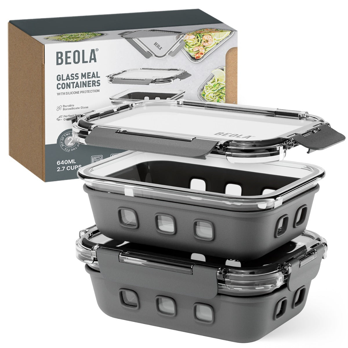 Beola Set Of 2 Glass Food Storage Containers With Silicone Protective Sleeve,  640Ml Lava Gray