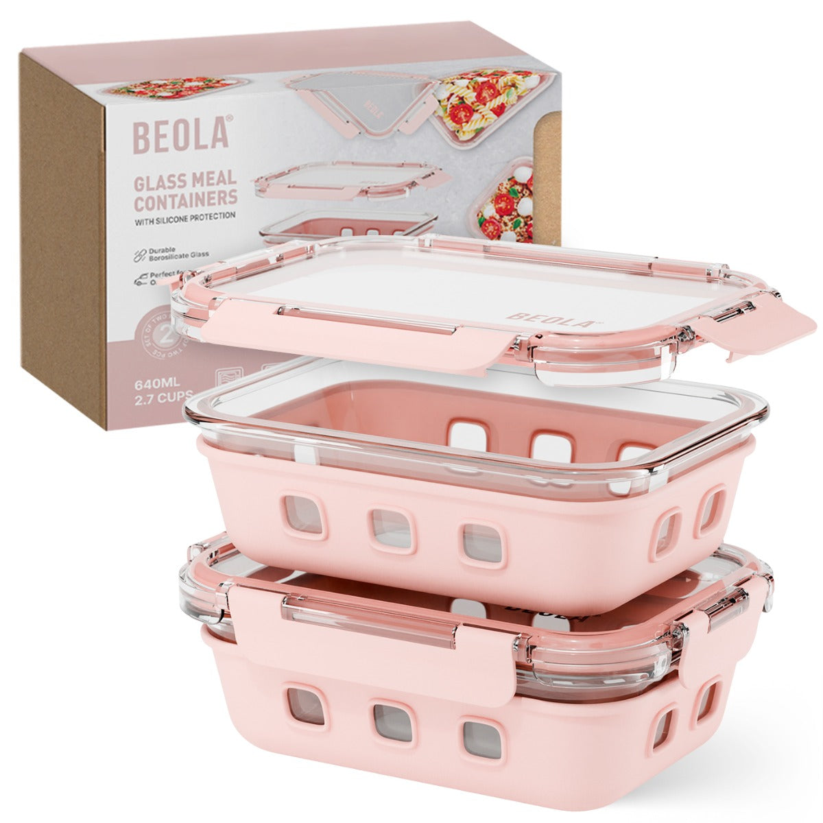 Beola Set Of 2 Glass Food Storage Containers With Silicone Protective Sleeve, 640Ml Blush Pink
