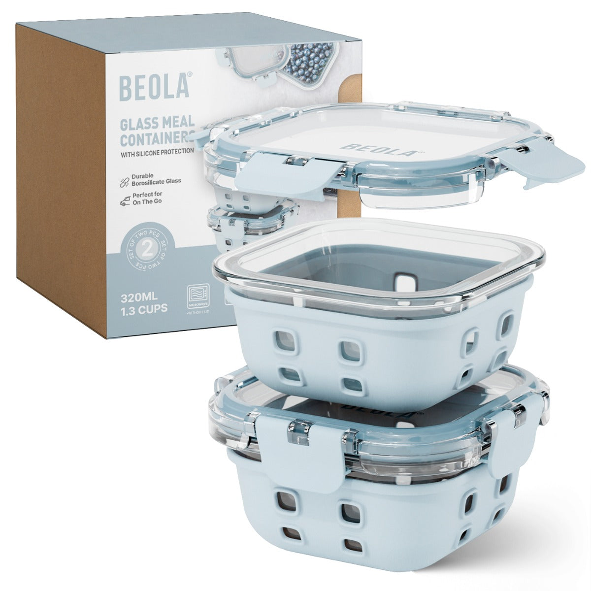 Beola Set Of 2 Glass Food Storage Containers With Silicone Protective Sleeve, 320Ml Ice Blue