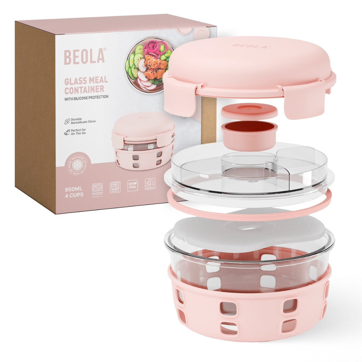 Beola Glass Food Bowl Container With Ice Pack 950Ml Blush Pink