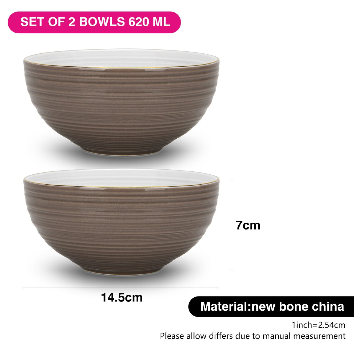 Fissman 2 Pieces Bowls Firmina Brown 14.5 X 7 cm / 620ML New Bone China