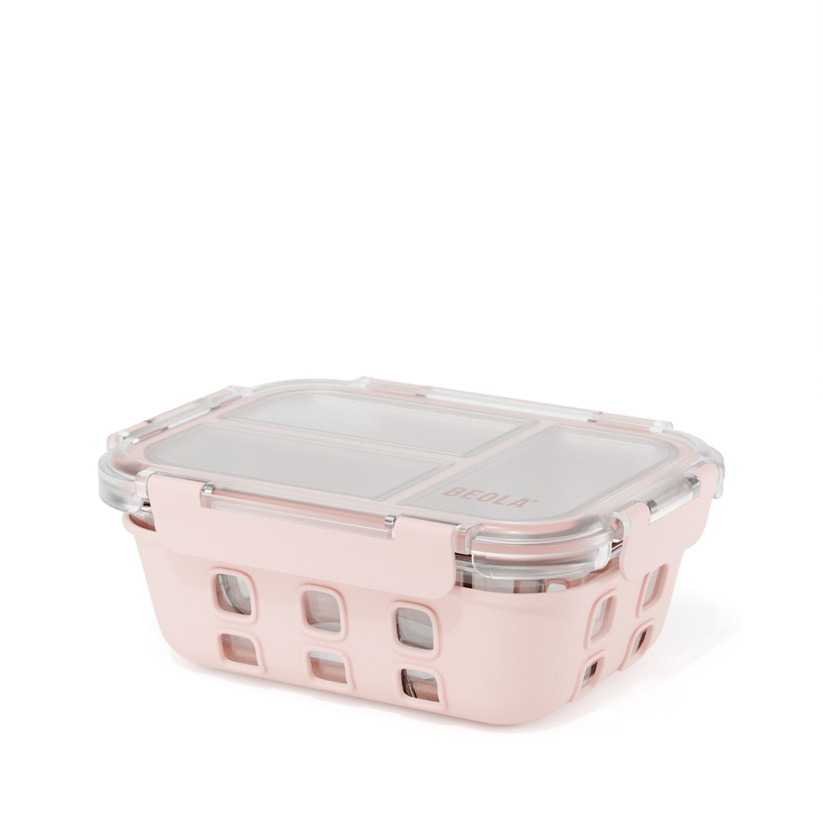 Beola 3 Compartment Glass Food Storage Container With Silicone Protective Sleeve, 1050Ml Blush Pink