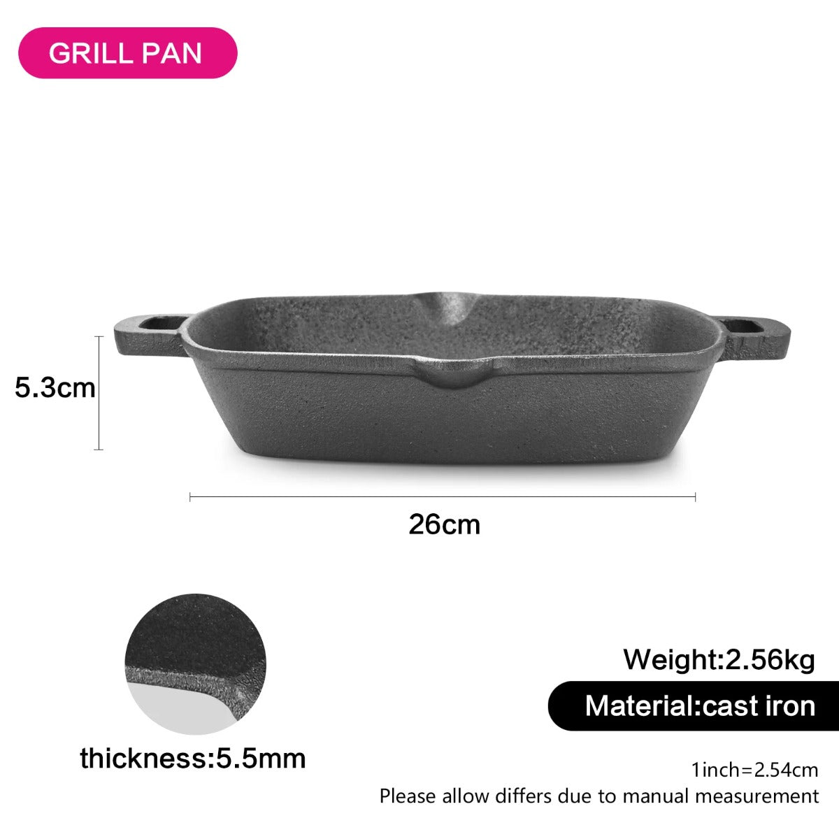 Fissman Square Grill Pan 26 X 5 cm With Two Side Handles Cast Iron