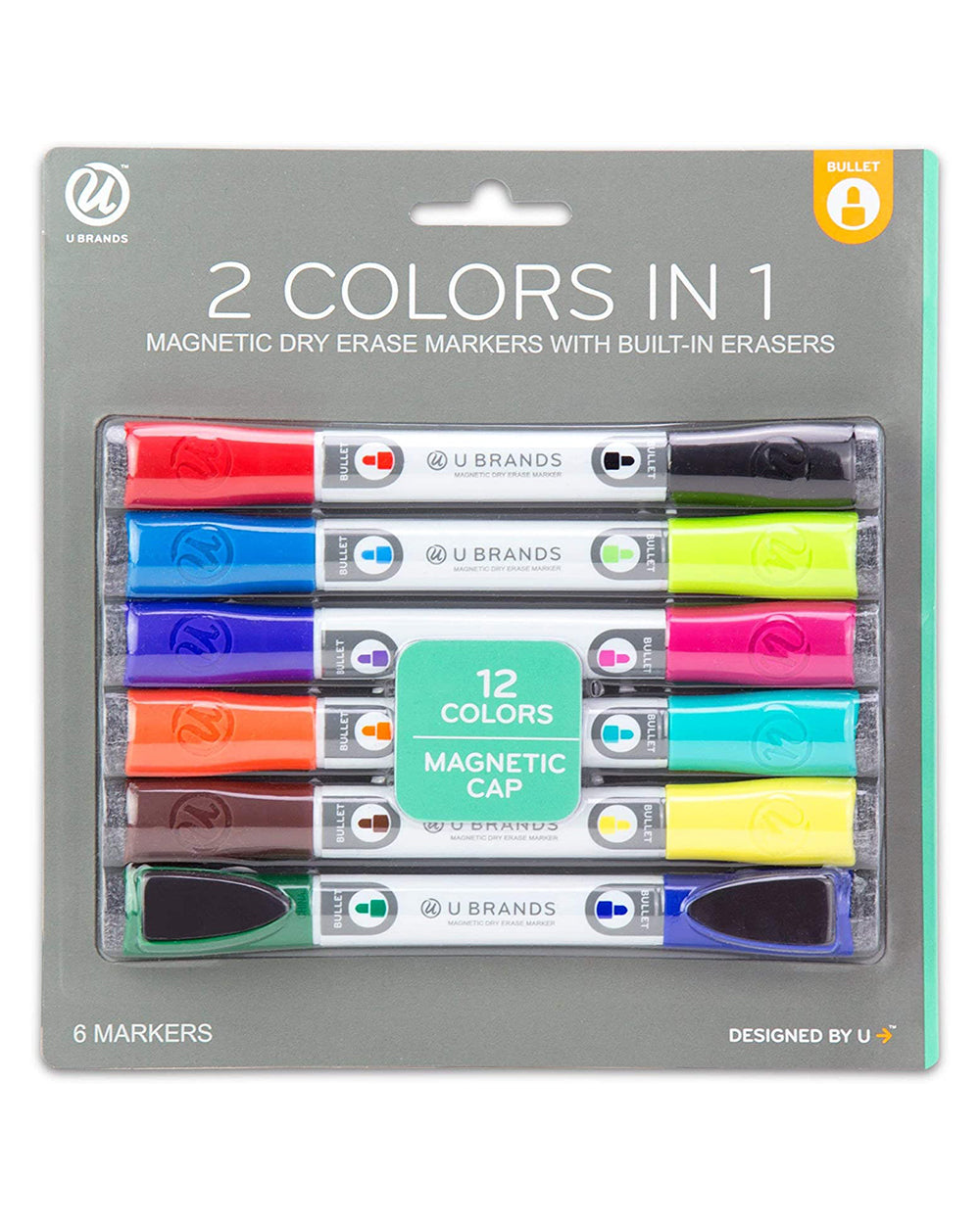 U Brands Magnetic Dry Erase Markers Double Ended, Chisel Tip Assorted Colors, 6 Count