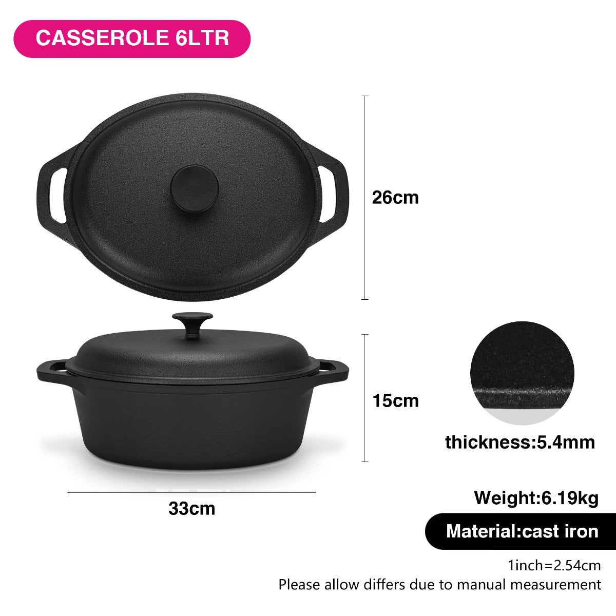 Fissman Casserole with Lid  33 x 26cm / 6L With Lid Cast Iron