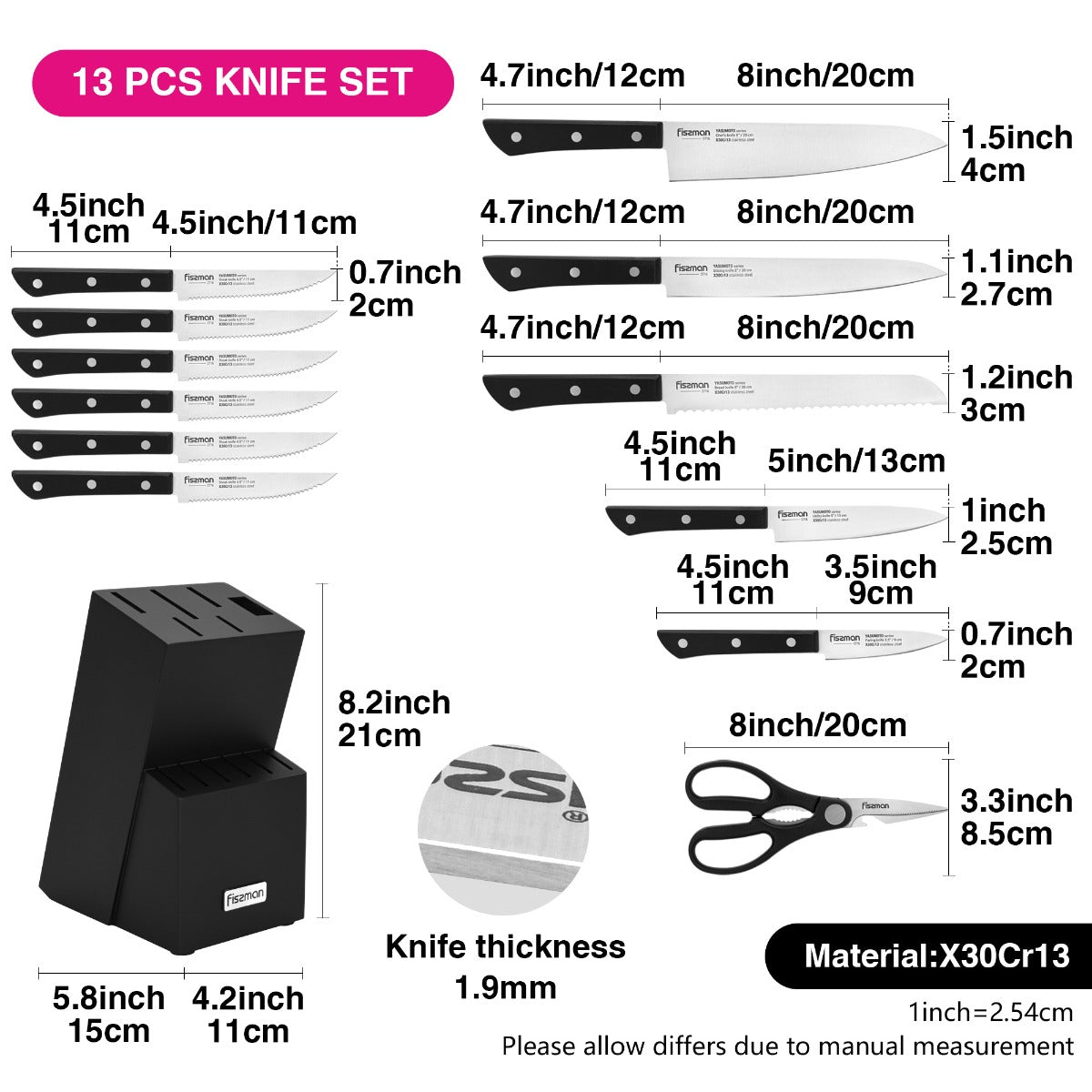 Fissman 13 Pieces Knife Set Yasumoto With Wooden Block X 30Cr 13 Steel