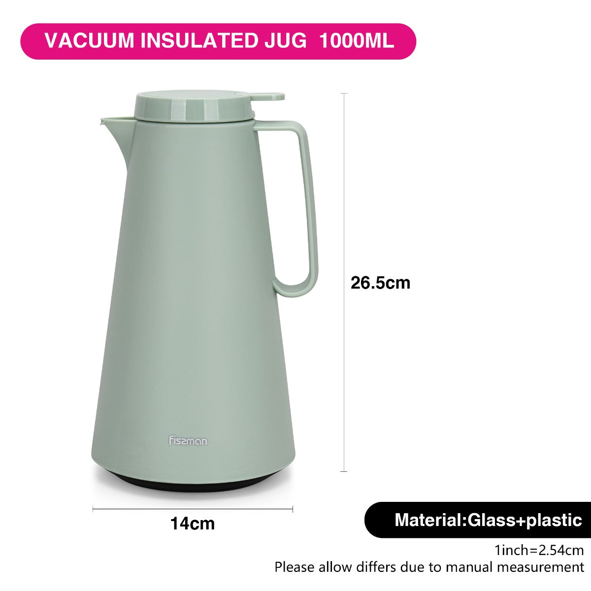 Fissman Vacuum Insulated Flask 1000 ML Green With Pink Glass Liner