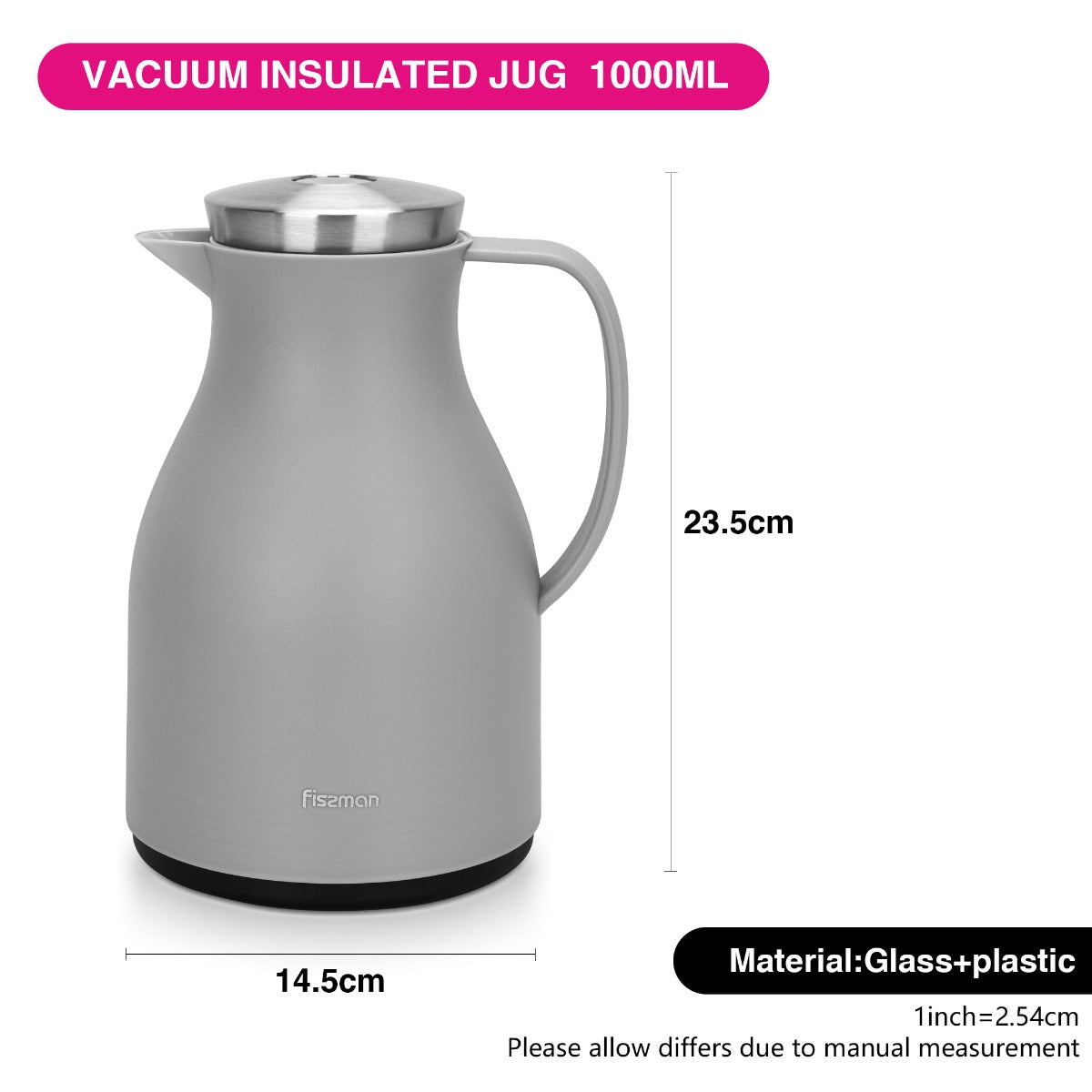 Fissman Vacuum Insulated Flask 1000 ML Grey With Pink Glass Liner