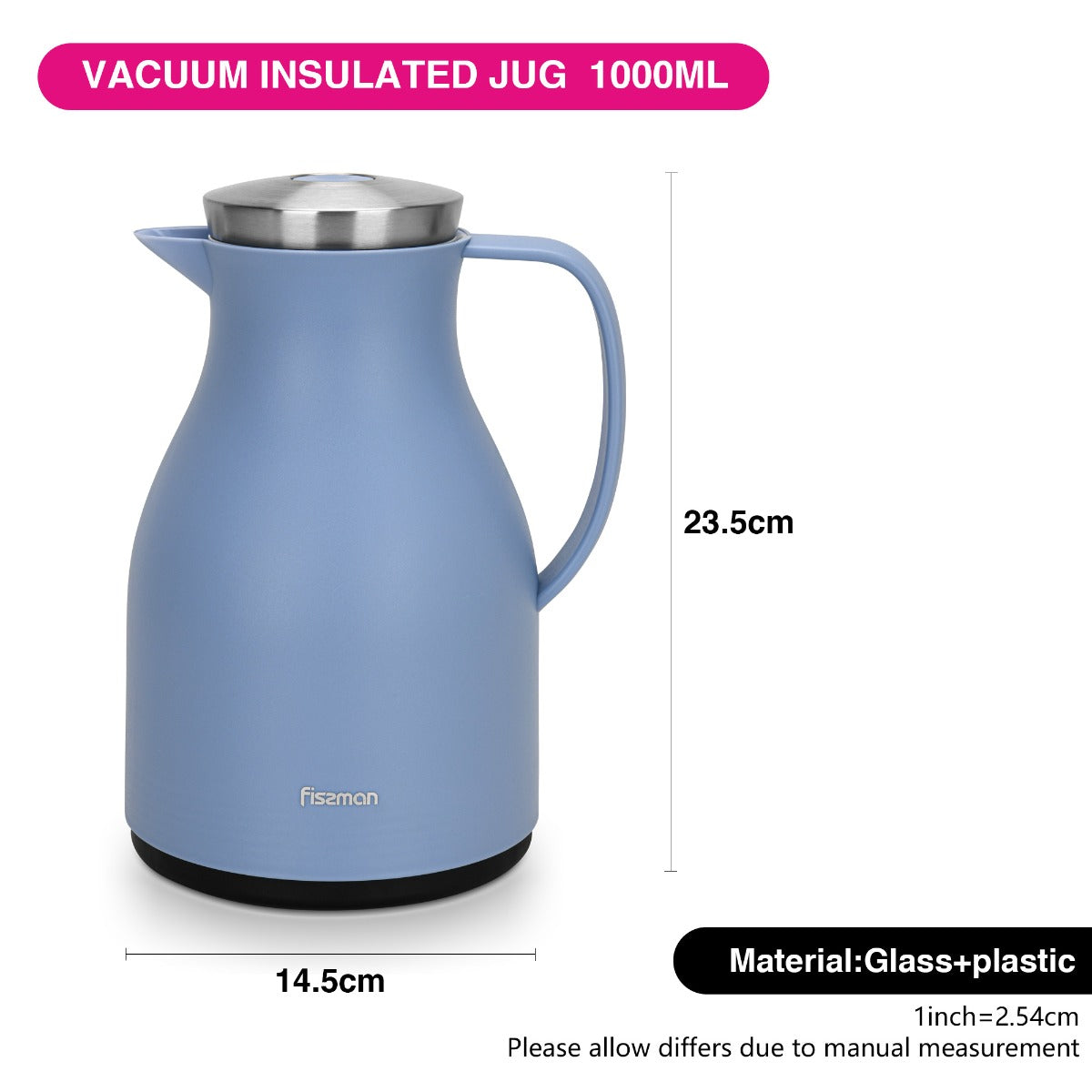 Fissman Vacuum Insulated Flask 1000 ML Blue With Pink Glass Liner