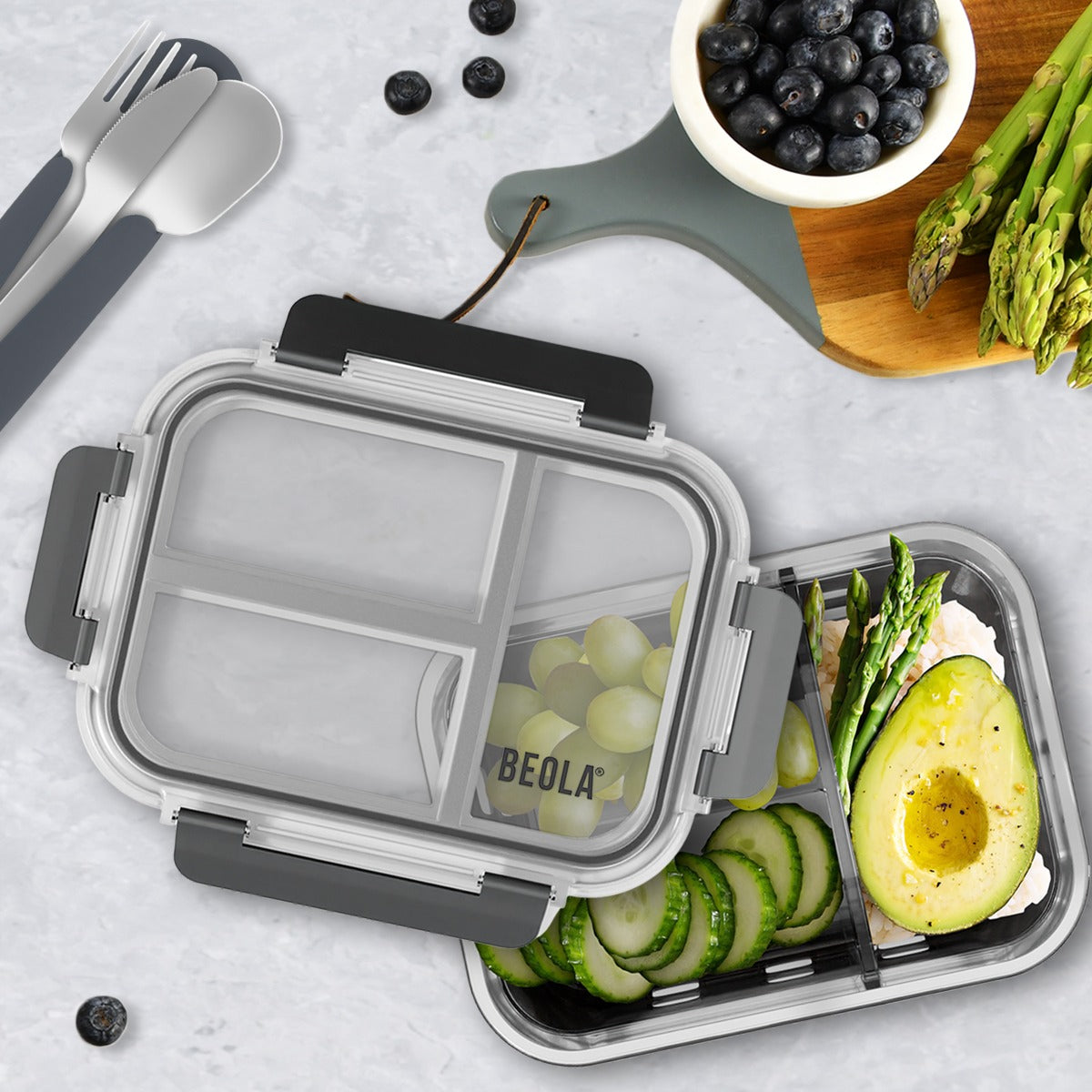 Beola 3 Compartment Glass Food Storage Container With Silicone Protective Sleeve, 1050Ml Lava Gray