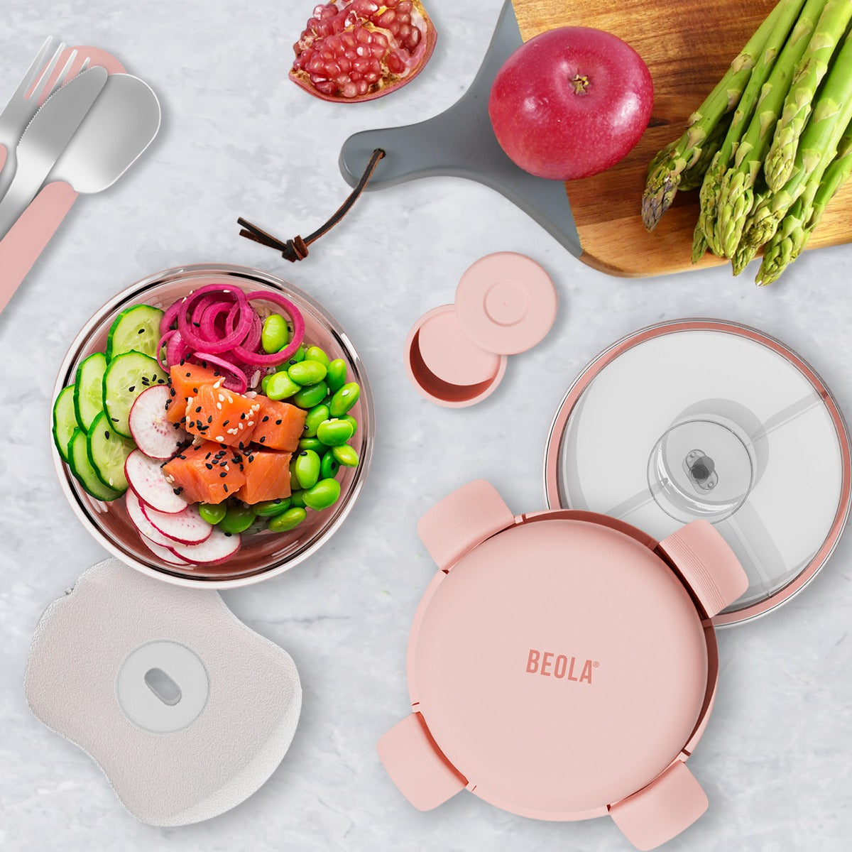 Beola Glass Food Bowl Container With Ice Pack 950Ml Blush Pink