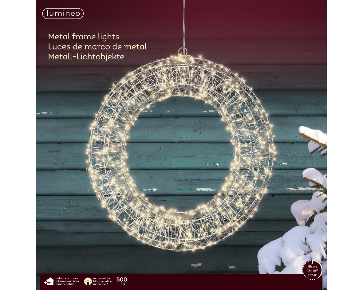 Homesmiths Micro LED Frame Light Gb Metal Wreath Steady Outdoor Silver 38cm