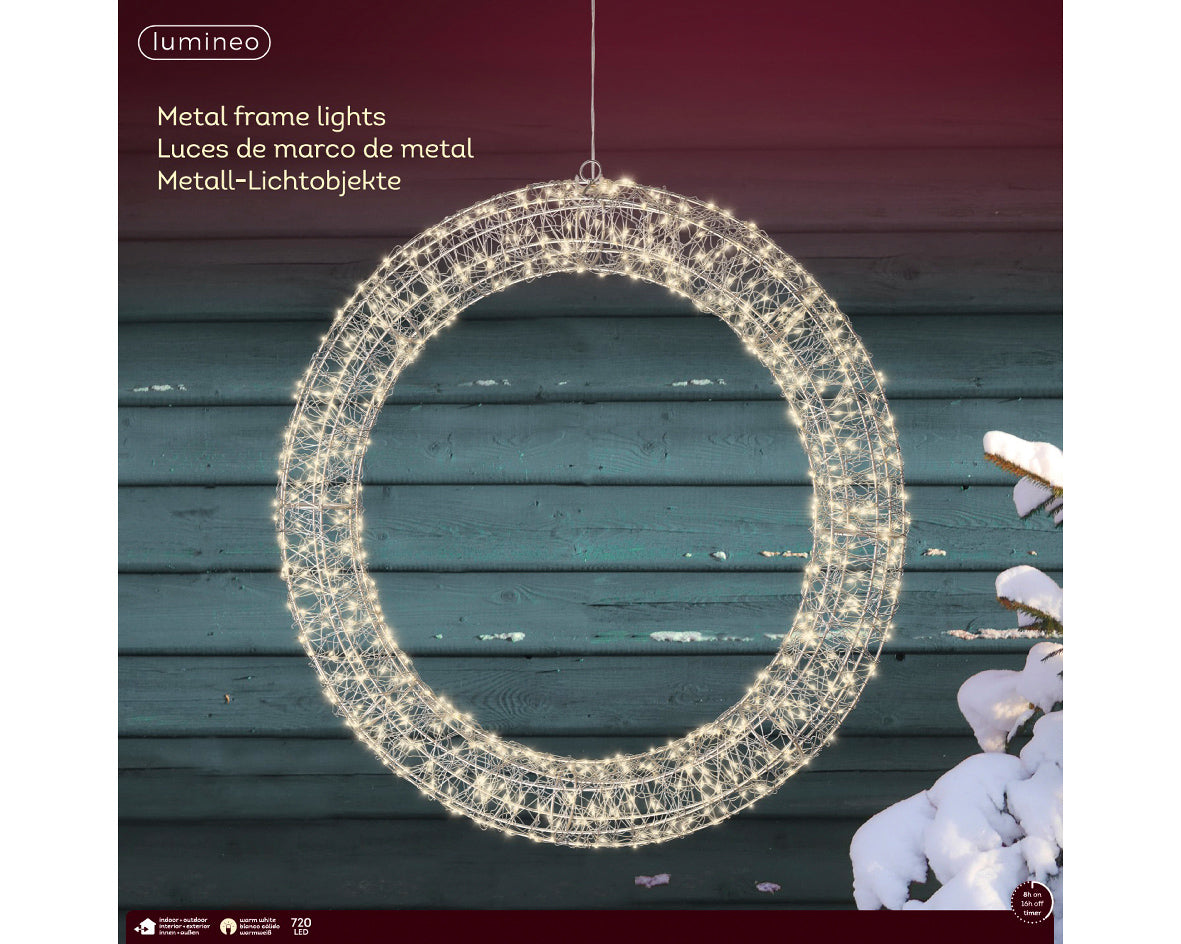 Homesmiths Micro LED Frame Light Gb Metal Wreath Steady Outdoor Silver 58cm