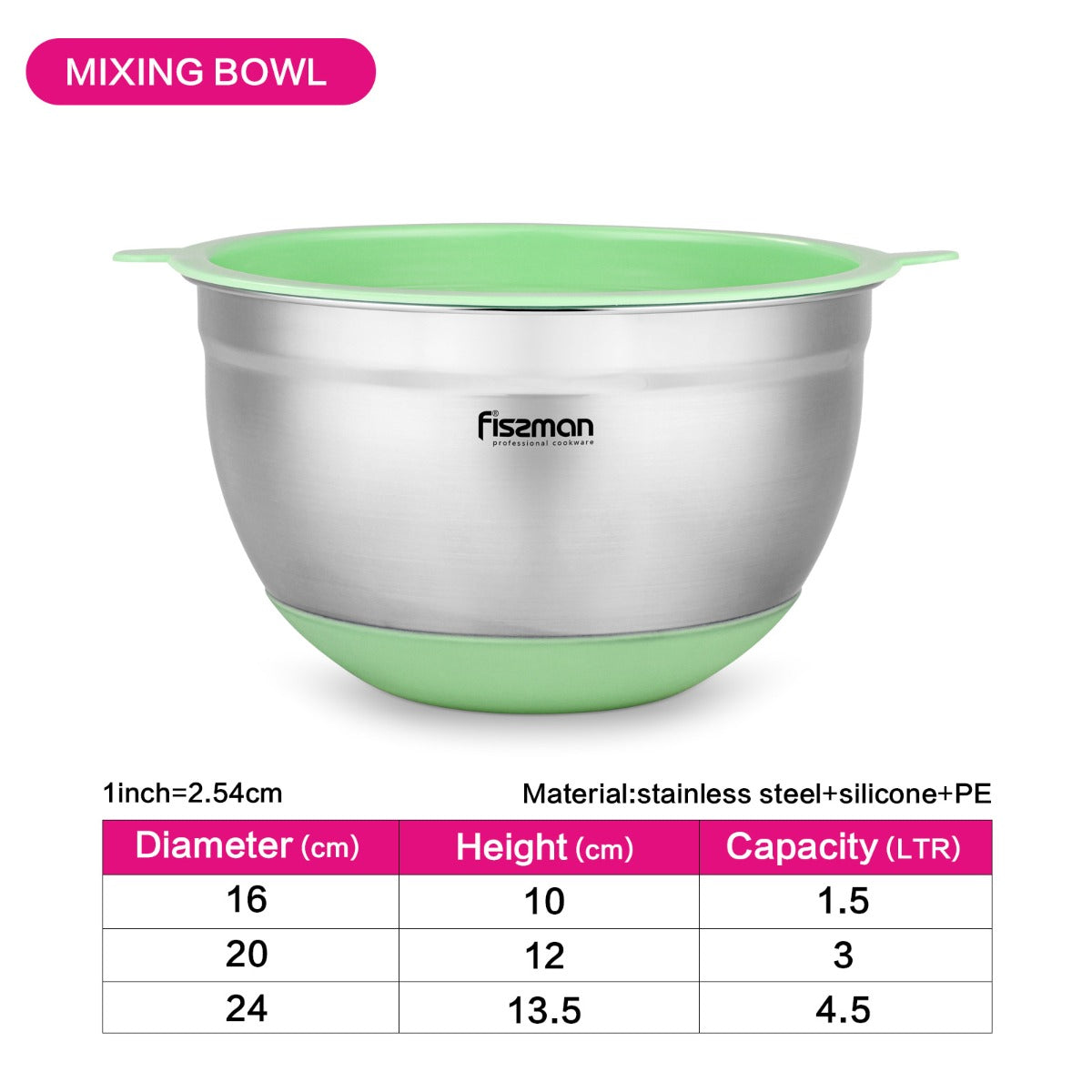Fissman 1.5 Liter Mixing Bowl Stainless Steel 18/10 (Inox 304) Green