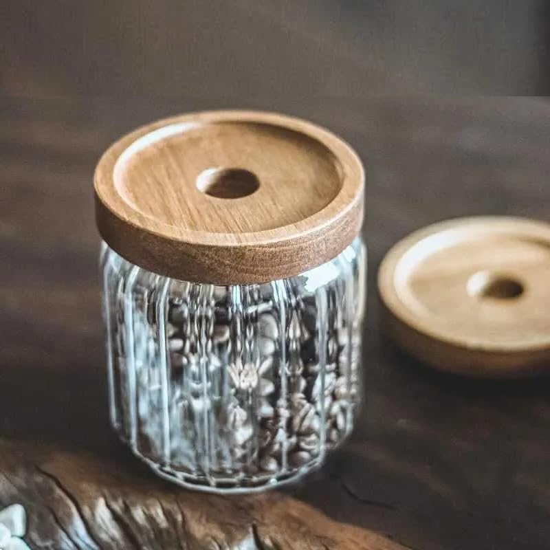 1Chase Borosilicate Stripe Glass Food Storage Jar With Acacia Wood 10CM 500 ML