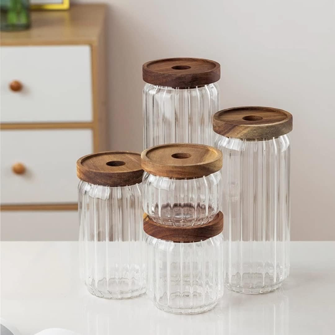 1Chase Borosilicate Stripe Glass Food Storage Jar With Acacia Wood 20 cm 900 ML 1 Piece