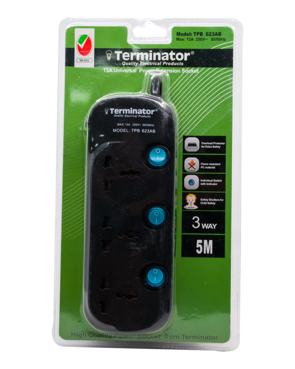 Terminator 3 Way Universal Power Extension Socket 5 Meter