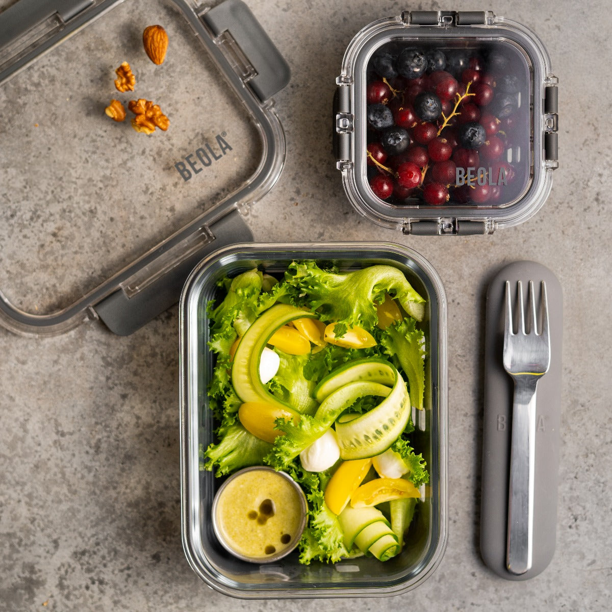 Beola Set Of 2 Glass Food Storage Containers With Silicone Protective Sleeve,  640Ml Lava Gray