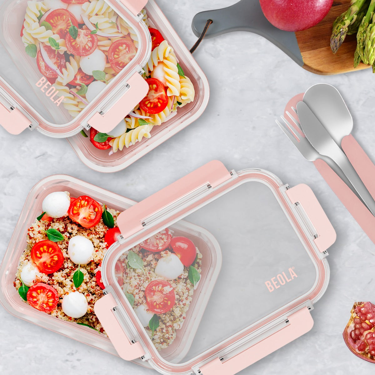 Beola Set Of 2 Glass Food Storage Containers With Silicone Protective Sleeve, 640Ml Blush Pink