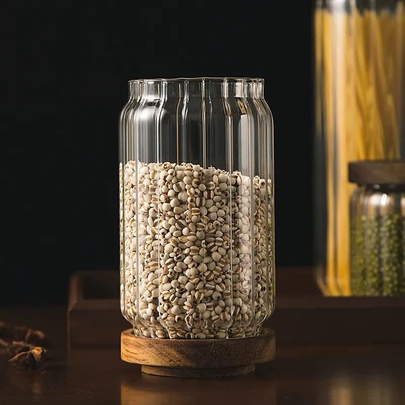 1Chase Borosilicate Stripe Glass Food Storage Jar With Acacia Wood 15 cm 700 ML
