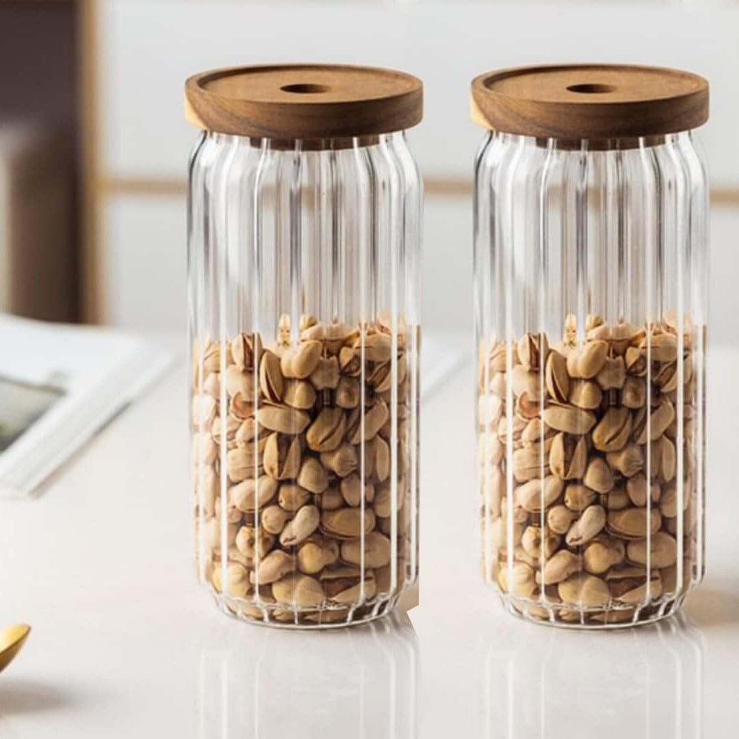 1Chase Borosilicate Stripe Glass Food Storage Jar With Acacia Wood 20 cm 900 ML 1 Piece