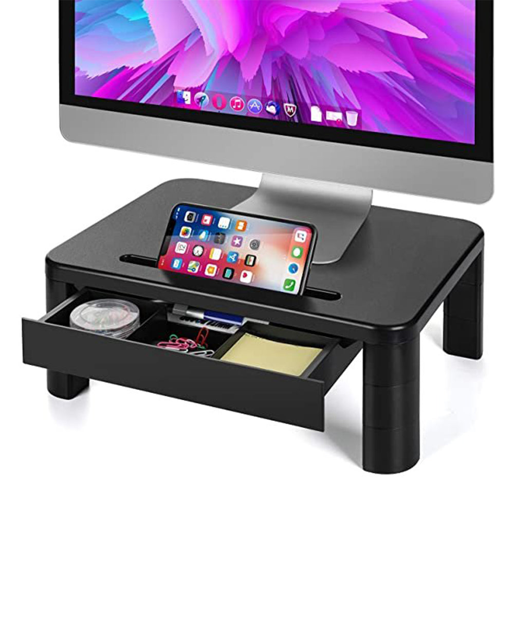 Loryergo Adjustable Laptop & Monitor Stand with Drawer & Cellphone Holder Black