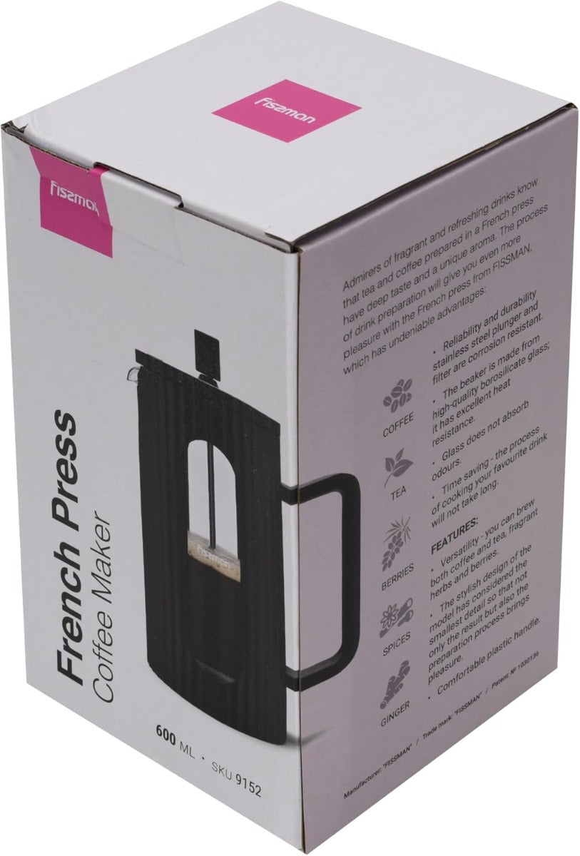 Fissman French Press Coffee and Tea Maker 600ML Heat Resistant Borosilicate Glass Stainless Steel