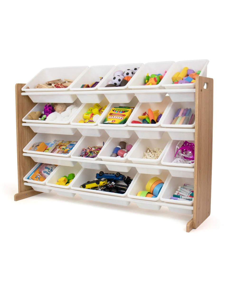 Homesmiths Extra-Large Toy Organizer, Natural Wood/White With 16 Storage Bins, D39.37cm X W106.68cm X H88.9cm