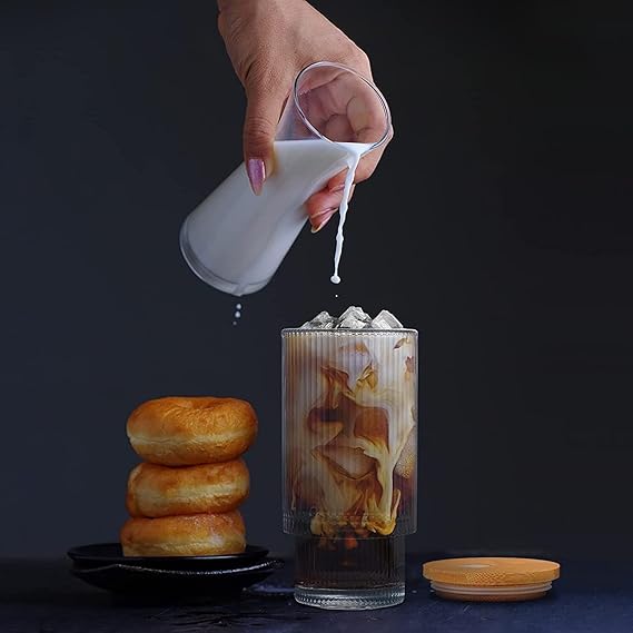 Honey Bee 450ML Borosilicate Glasses With Straws & Wooden Lid Set of 4