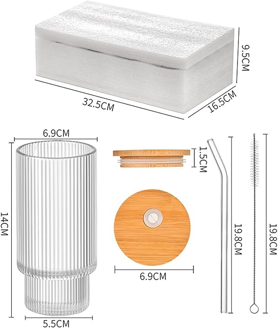 Honey Bee 450ML Borosilicate Glasses With Straws & Wooden Lid Set of 4