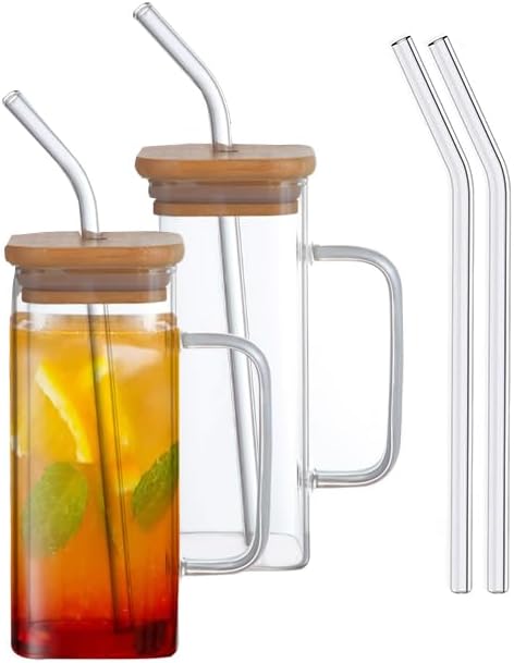 Honeybee 320ML Borosilicate Square Glasses With Bamboo Lid, Straw Set of 2