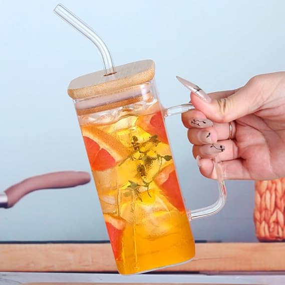 Honeybee 320ML Borosilicate Square Glasses With Bamboo Lid, Straw Set of 2